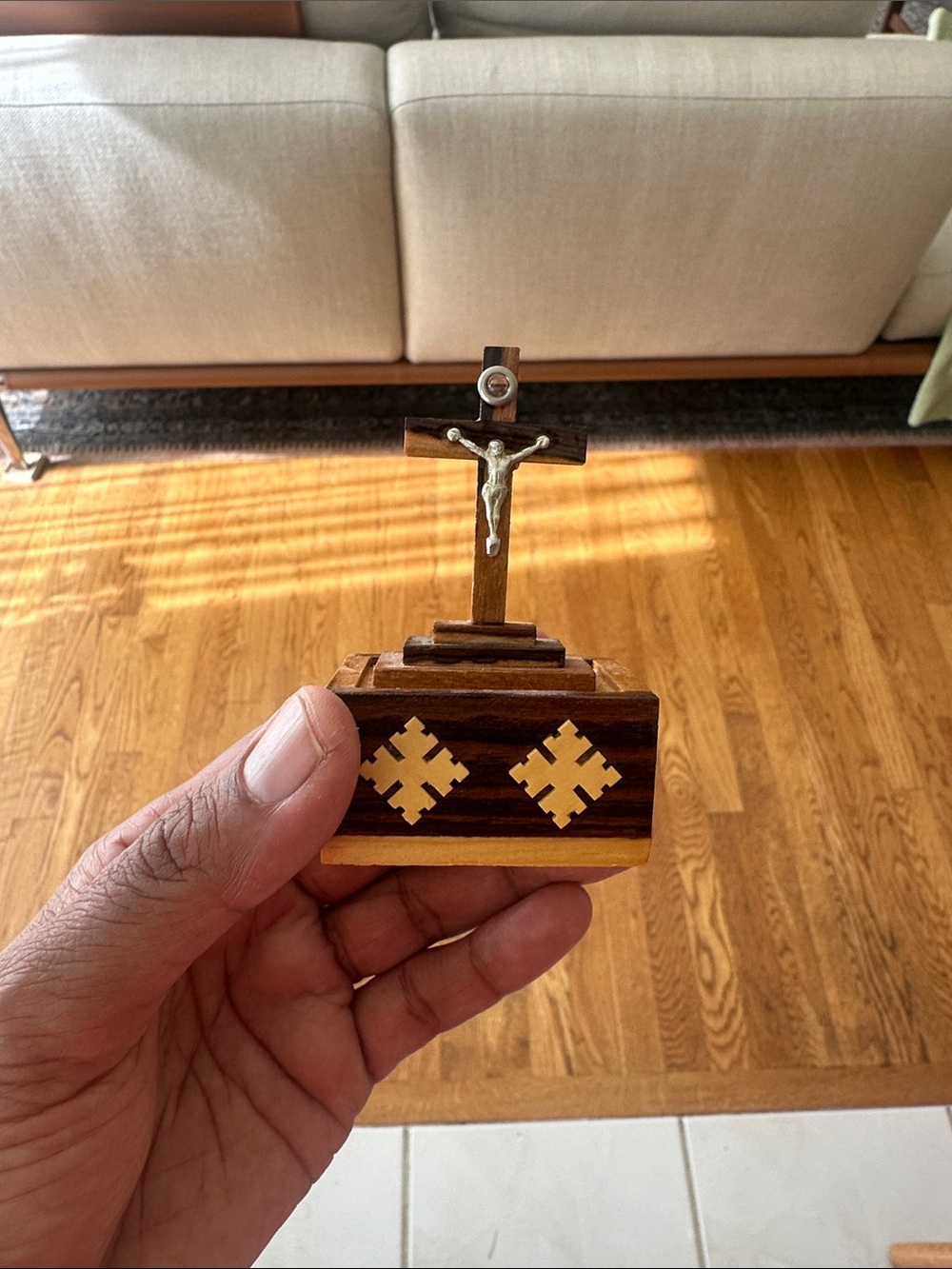 Wooden Crucifix Decorative Box with Inlay, vintage rosary box